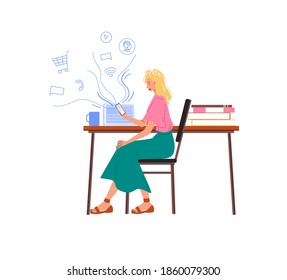 Personaje plano de caricatura navegando por internet interior en casa - chat web, servicio de redes sociales, educación en línea, comunicación por mensajería, concepto de trabajo a distancia independiente