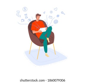 Cartoon flat character surfing internet indoor at home interior - web chat,social networking service,online education,messenger communication,freelance remote work concept