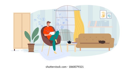 Personaje plano de caricatura navegando por internet interior en casa - chat web, servicio de redes sociales, educación en línea, comunicación por mensajería, concepto de trabajo a distancia independiente