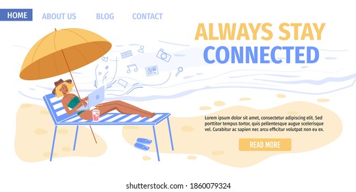 Personaje plano de caricatura navegando por internet al aire libre en un chat de viaje o de vacaciones en la web, servicio de redes sociales, educación en línea, comunicación por mensajería, concepto de trabajo a distancia independiente
