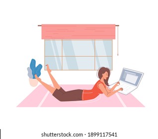 Personaje plano de caricatura navegando por internet interior en casa - chat web, servicio de redes sociales, educación en línea, comunicación por mensajería, concepto de trabajo a distancia independiente