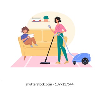 Personaje plano de caricatura navegando por internet interior en casa - chat web, servicio de redes sociales, educación en línea, comunicación por mensajería, concepto de trabajo a distancia independiente
