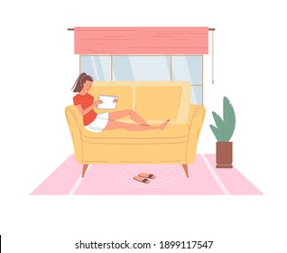 Cartoon flat character surfing internet indoor at home interior - web chat,social networking service,online education,messenger communication,freelance remote work concept