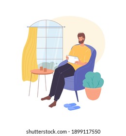 Cartoon flat character surfing internet indoor at home interior - web chat,social networking service,online education,messenger communication,freelance remote work concept