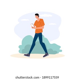 Cartoon flat character surfing internet outdoor - web chat,social networking service,online education,messenger communication,freelance remote work concept
