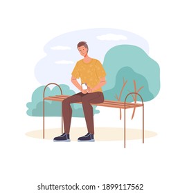 Cartoon flat character surfing internet outdoor - web chat,social networking service,online education,messenger communication,freelance remote work concept