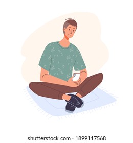 Personaje plano de caricatura navegando por internet interior en casa - chat web, servicio de redes sociales, educación en línea, comunicación por mensajería, concepto de trabajo a distancia independiente