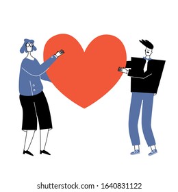 Cartoon flat character vector illustration of girl and boy holding red paper heart isolated on white background. Concept of love and happy valentine day