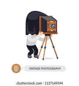 Cartoon flat character of vintage photographer with old camera. Isolated on white background.  