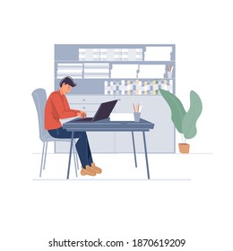 Cartoon flat character at work doing some business - self-employed or office worker, web online, site design concept