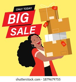 personajes de dibujos animados clientes sobre grandes ventas, concepto de compras.