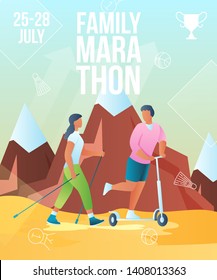Cartoon flat characters doing modern sport activity,landing page,marathon flyer banner poster,web online concept,healthy lifestyle summer design.Flat family people riding on scooter,nordic walking