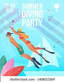 Cartoon flat characters doing modern sport activity,landing page,party flyer banner poster,web online concept,healthy lifestyle summer design.Flat cartoon family people diving,snorkeling,sporting
