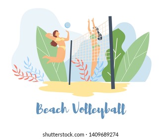 Cartoon flat characters doing modern sport activity,landing page,sales poster flyer banner,web online concept of healthy lifestyle summer design.Flat cartoon family people play beach volleyball