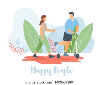 Cartoon flat characters doing modern sport activity,landing page,sales flyer banner poster,web online concept of healthy lifestyle summer design.Flat cartoon people riding on scooter,nordic walking