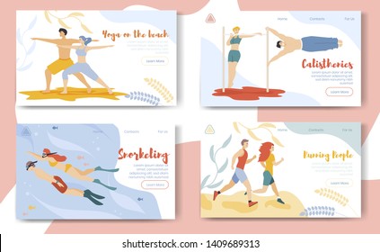Cartoon flat characters doing modern sport activity,landing page banner,sales flyer poster,web online concept template,healthy lifestyle summer design set.Calisthenics,yoga,snorkeling,running