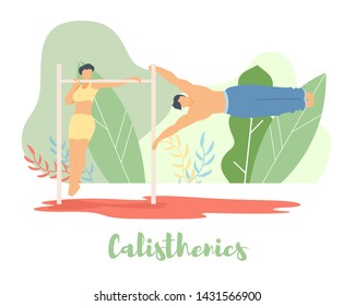 Personajes planos de dibujos animados haciendo actividad deportiva moderna, página de destino, póster de Anuncio de volante de ventas, concepto de Web en línea, estilo de vida saludable diseño de verano. Personas familiares de dibujos animados planos entrenando calistenia en la playa