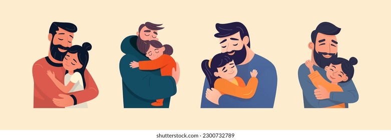 Cartoon Flat Characters - Father and His Little Daughter Set. Happy Smiling, Hugging People Couple - Dad, Daughter. Daddy s Daughter in Her Arms Hugs. Family, Fathers Day Concept. Vector Illustration