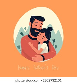 Personajes planos de caricatura - Padre y su pequeña hija. Feliz Sonriente, Abrazo De Pareja De Gente - Papá, Hija. Papá es hija en sus abrazos de brazos. Concepto de Día de la Familia, del Padre. Ilustración vectorial