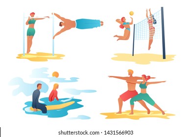 Cartoon flat characters modern sport activity,sales banner flyer poster,web online concept design elements scenes,healthy lifestyle summer design set.Surfing,calisthenics,volleyball,yoga class