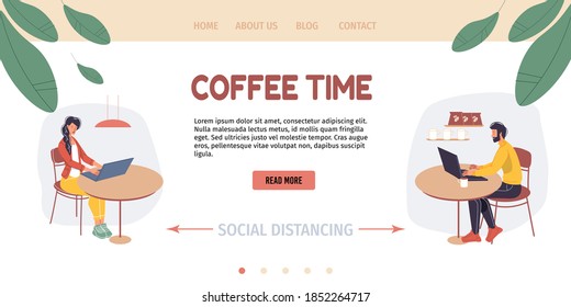 Cartoon flat characters office workers,busy employees at coffee time. Workflow and social distancing concept