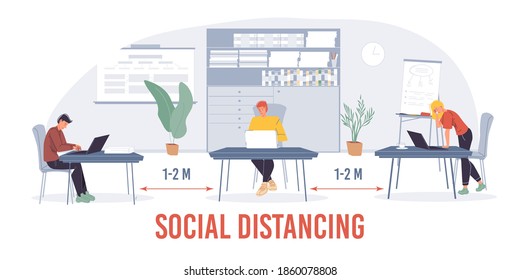 Cartoon flat characters office workers,busy employees doing business,various things at office interior. Workflow and social distancing concept