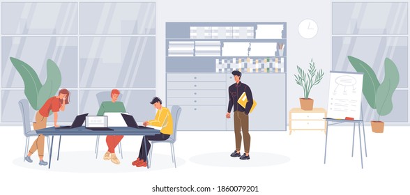 Cartoon flat characters office workers,busy employees doing business and various things at office interior. Workflow of business people concept
