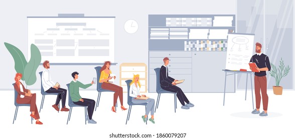 Cartoon flat characters office workers,busy employees doing business,meeting at office interior. Workflow of business people concept