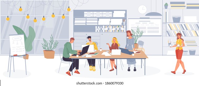 Cartoon flat characters office workers,busy employees doing various things and discuss business at office interior. Workflow of business people concept