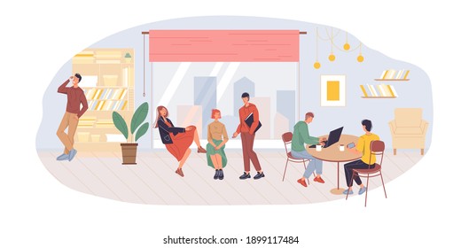 Cartoon flat characters office workers,busy employees doing business,various things and talking at office interior. Workflow of business people concept