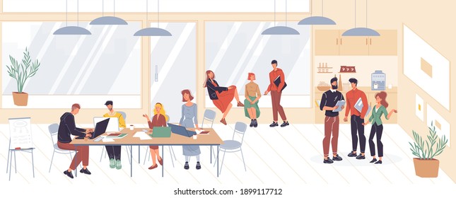 Cartoon flat characters office workers,busy employees doing various things and discuss business at office interior. Workflow of business people concept