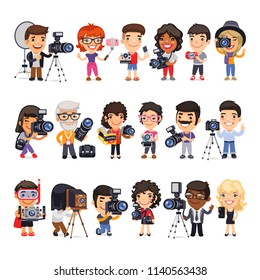 Cartoon flat characters of photographers in various poses with cameras and equipment. Isolated on white background. Clipping paths included.