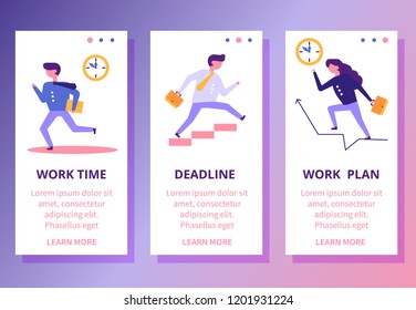 Cartoon flat characters running start-up,goal achievment business success app screen concept.Geometric people flat-style working,run,stair climbing icons web page design