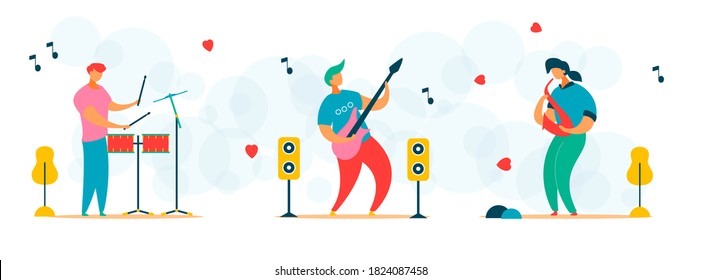 Cartoon flat characters set for jazz,rock music fest concept,social media,Web banner stories,announcement post.Modern trendy people musicians playing music on musical festival party
