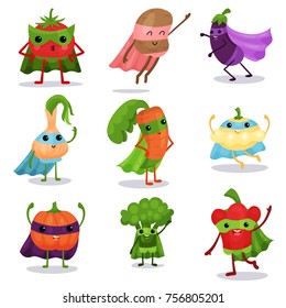 Cartoon flat characters set of superhero vegetables in capes and masks in different poses