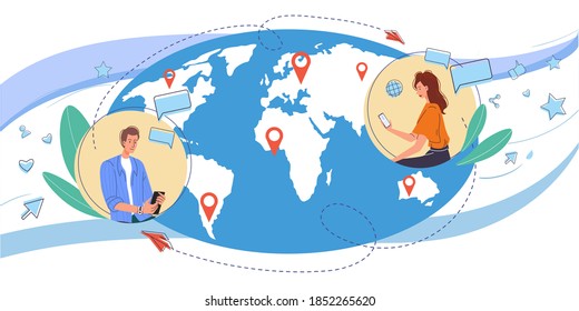 Cartoon flat characters surfing internet - global worldwide content,web chat,social media service,online education,messenger communication,freelance remote work concept