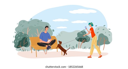 Personajes llanos de caricatura navegando por internet al aire libre - chat web, servicio de redes sociales, educación en línea, comunicación de mensajería, concepto de trabajo remoto independiente
