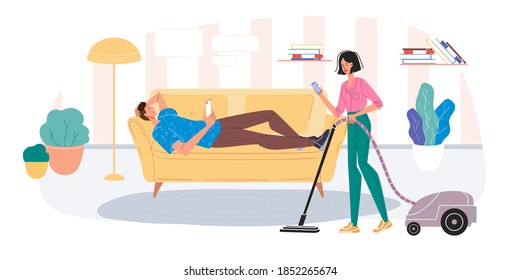 Cartoon flache Charaktere, die im Inneren des Internets surfen - Web-Chat, Social Networking-Service, Online-Bildung, Messaging-Kommunikation, freiberufliches Fernarbeitskonzept