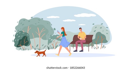 Personajes llanos de caricatura navegando por internet al aire libre - chat web, servicio de redes sociales, educación en línea, comunicación de mensajería, concepto de trabajo remoto independiente