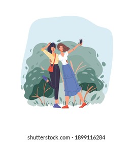 Personajes llanos de caricatura navegando por internet al aire libre - chat web, servicio de redes sociales, educación en línea, comunicación de mensajería, concepto de trabajo remoto independiente