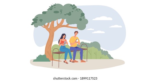 Cartoon flat characters surfing internet outdoor - web chat,social networking service,online education,messenger communication,freelance remote work concept
