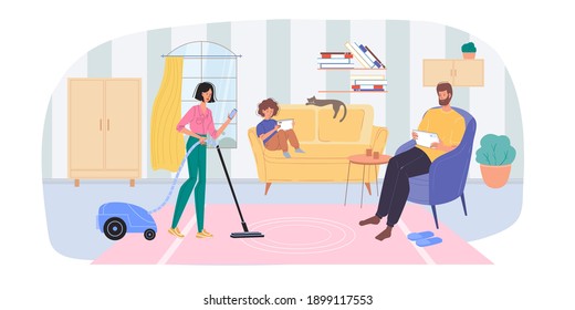 Cartoon flat characters surfing internet indoor at home interior - web chat,social networking service,online education,messenger communication,freelance remote work concept
