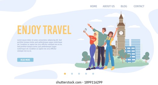 Cartoon flat characters take pictures making selfie outdoor on travel or vacation trip using mobile phone,web online site design concept