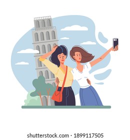 Cartoon flat characters take pictures making selfie outdoor on travel or vacation trip using mobile phone,web online site design concept