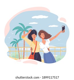 Cartoon flat characters take pictures making selfie outdoor on travel or vacation trip using mobile phone,web online site design concept