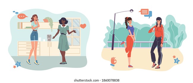 Cartoon flat characters talking and communicate-various persons,poses, emotions and sizes. Lifestyle,communication and fashion concept
