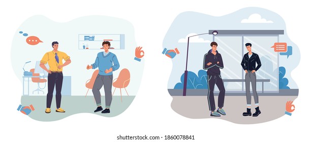 Cartoon flat characters talking and communicate-various persons,poses, emotions and sizes. Lifestyle,communication and fashion concept