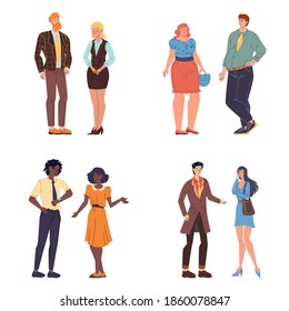Cartoon flat characters talking and communicate-various persons,poses,body sizes and emotions. Lifestyle, communication and fashion concept