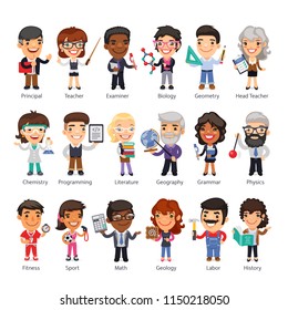 Cartoon flat characters of teachers in various poses. Isolated on white background. Clipping paths included.