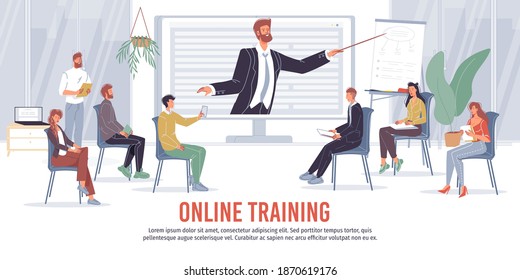 Cartoon flache Charaktere Arbeiter, Mitarbeiter, Freiberufler hören Lehrer. Online-Ausbildungskonzept